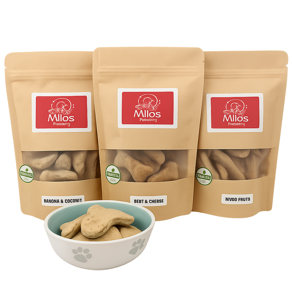 Three packages of Milos Pet Treats with a bowl of treats in front on a white background